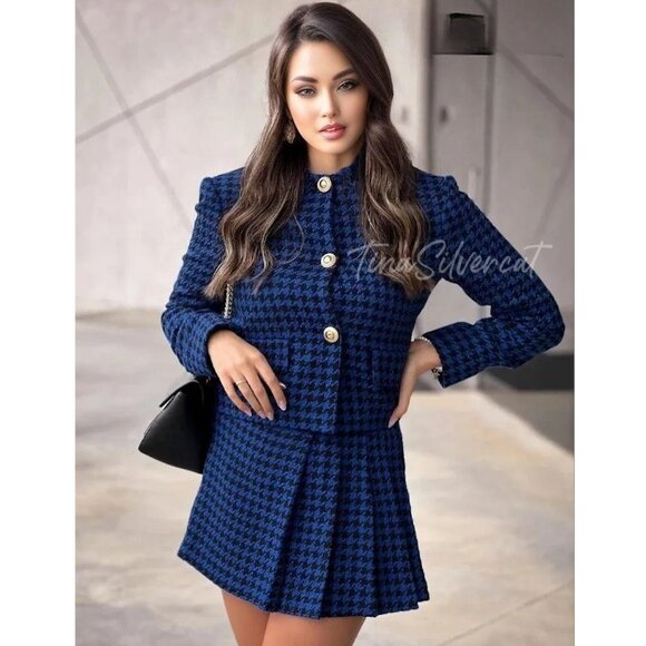BLOGGER'S FAVE! Zara 2 Piece Co-ord Houndstooth Blazer And Skort Set Blue NWT